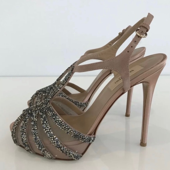VALENTINO DUSTY PINK MAUVE TONE PLATFORM CRYSTAL SANDALS SIZE IT 37.5 / US 7.5 - Picture 9 of 17